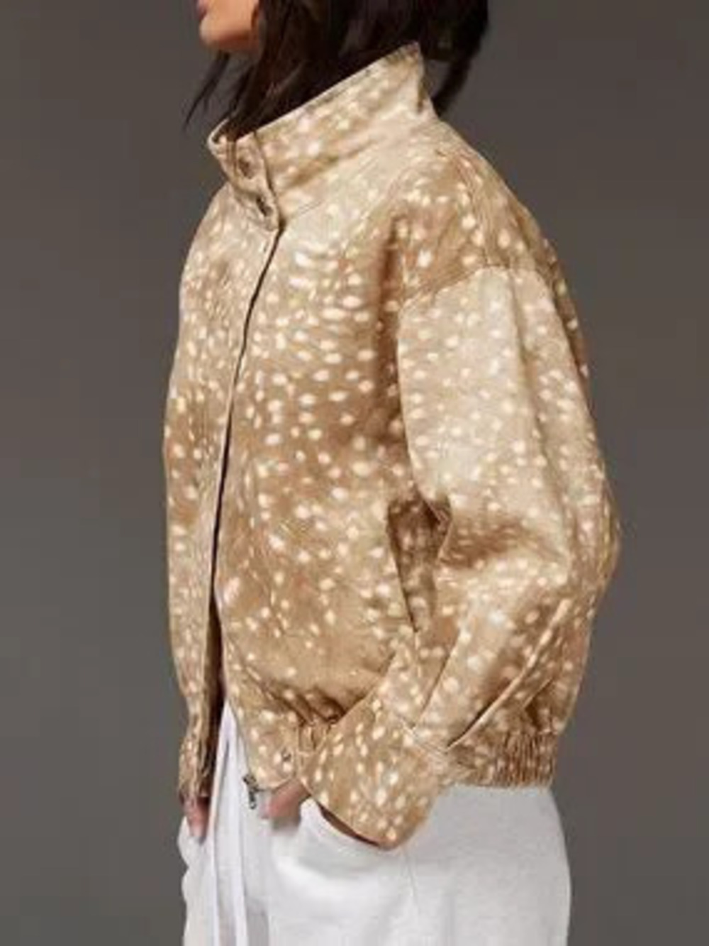 Khaki Casual Women's Funnel Neck Zip Up Oversized fawn print Denim Jacket